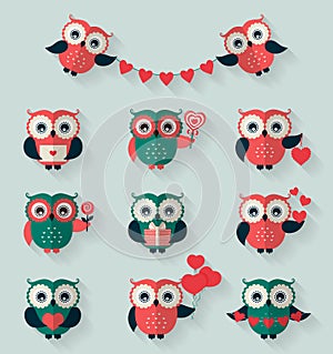 Flat owls. Love, romantic and Valentine's Day theme. Vector set.