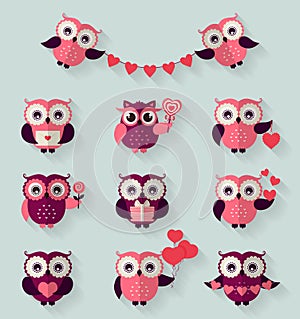 Flat owls. Love, romantic and Valentines Day theme. Vector set.