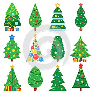 Flat paper christmas tree. Winter holidays trees decorated star, Xmas garlands and new year toys. Fir vector collection