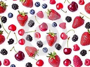 Flat pattern of fresh and colorful berries and fruits, cherries, blackberries, blueberries, raspberries and strawberries. Ideal as