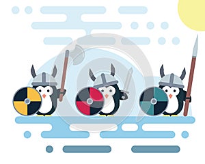 Flat penguin characters stylized as a vikings warriors with weapons.
