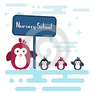Flat penguins characters stylized as a nursery school on the south pole.