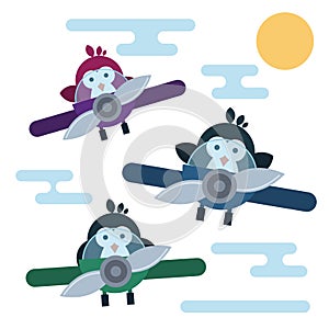 Flat penguins characters stylized as a pilots in the airplanes.