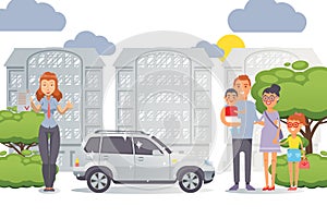 Flat people family buying new car, vector illustration. Parents with character children standing at car dealership