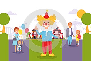 Flat people family at city festival. Clown entertain children with parent on holiday vector illustration. Attractions