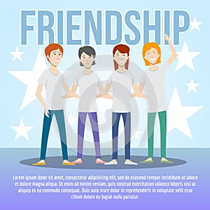 Flat people illustration, 4 people stand smiling, friendship