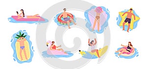 Flat people on inflatable air mattresses and swimming rings. Women floating and sunbathing on flamingo and doughnut