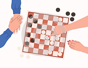 Flat People playing checkers, top view. Hands making a move in a logic board game. Cartoon isolated vector chess board.