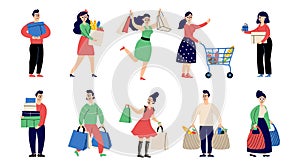 Flat people on shopping. Shop person, woman with present. Retail shoppers characters, in store with cart and man with