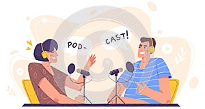 Flat people in studio recording audio podcast