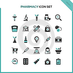 Flat pharmacy and healthcare icon set. First group. Isolated  illustration