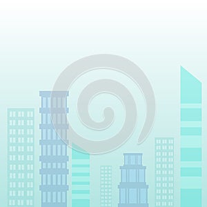 Flat photo Design of Cityscape in Pastel Blue Tone. Seven Different Size Buildings against Unclouded Skies. Creative photo