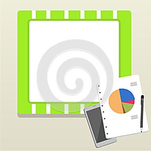 Flat photo Layout of Switched Off Smartphone Device, Ballpoint Pen and RingBound Notepad with Colorful Business Pie