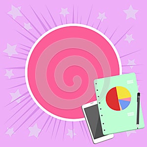 Flat photo Layout of Switched Off Smartphone Device, Ballpoint Pen and RingBound Notepad with Colorful Business Pie