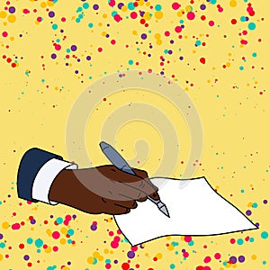 Flat photo photo of Closeup of Male Hand in Formal Suit Holding Ballpoint Pen and Ready to Write on Blank Piece of Paper