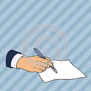 Flat photo photo of Closeup of Male Hand in Formal Suit Holding Ballpoint Pen and Ready to Write on Blank Piece of Paper