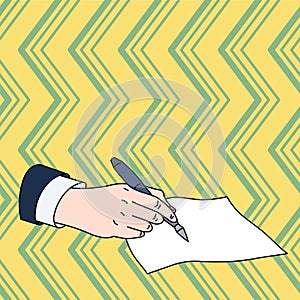 Flat photo photo of Closeup of Male Hand in Formal Suit Holding Ballpoint Pen and Ready to Write on Blank Piece of Paper