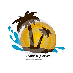 Flat picture palm on island, sunset landscape. Vector element for you design.