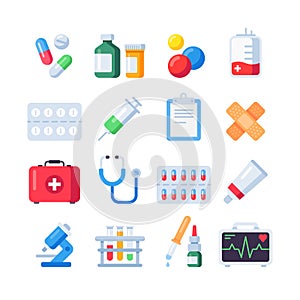 Flat pill icons. Medication dose of drug for treatment. Medicine bottle and pills in blister packs cartoon icon set