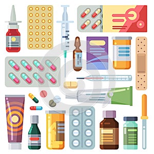 Flat pills. Medicine cartoon drugs, tablets and antibiotics. Medication dose, vitamin capsules icons vector set