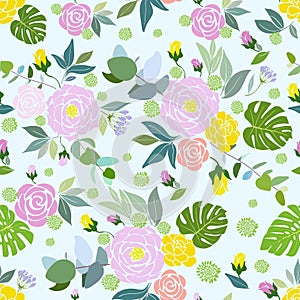 Flat pink and yellow rose flower bouquet varied and foliage seamless illustration pattern