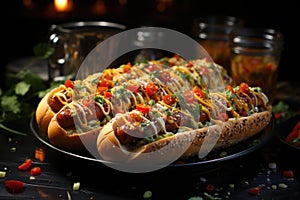 Flat posture of delicious hot dogs wi