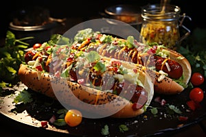 Flat posture of delicious hot dogs wi