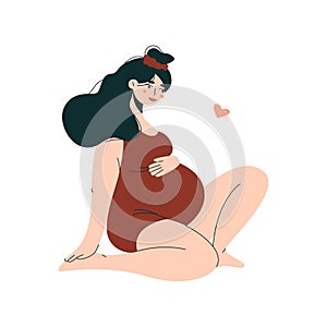 Flat pregnant woman. Happy mother with child in belly, cute future mom with big tummy, cartoon character expecting baby