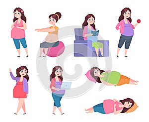 Flat pregnant woman. Healthy exercises for moms, pregnancy diet, happy young mom reading, sleeping and resting. Vector