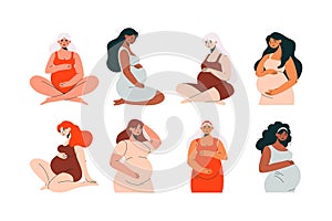 Flat pregnant women set. Cartoon expecting moms with baby belly, diverse women in maternity clothes, motherhood concept