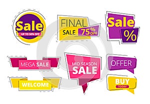 Flat promo banners. Big sale advertizing offers on colored ribbons vector template