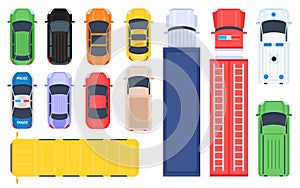 Flat public transport, trucks and cars aerial top view. School bus, police, fire engine, ambulance and cargo lorry. City