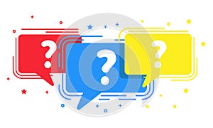 Flat question mark in speech bubble background multicolored. FAQ symbol flying bubbles with question vector illustration