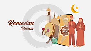 Flat Ramadan Kareem beautiful greeting card with arabic with smartphone mosque, moon, Arabian Muslim Family and drum. Vector