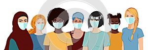 Flat realistic arabian, african, asian, european women with masks. Coronavirus concept.