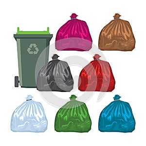 Flat recycling wheelie bin with garbage bags. vector