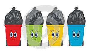 Flat recycling wheelie bins full of rubbish. vector photo