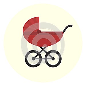 Flat red baby carriage icon. Unisex baby transport