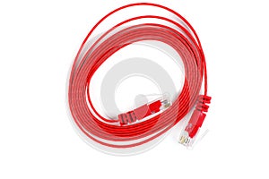 Flat red ethernet copper, RJ45 patchcord isolated on white