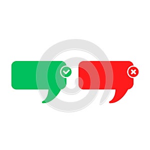 Flat red and green bubble icon. Positive and negative check marks. Vector