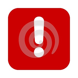 Flat red square exclamation point icon, button. Attention symbol isolated on a white background.