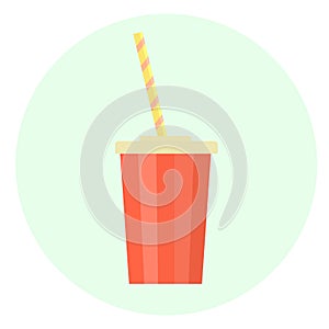 Flat red vector plastic cup with straw for beverages icon