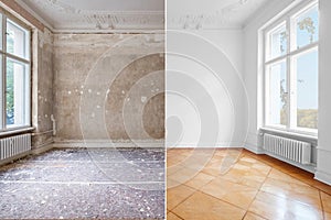 Flat renovation, empty room before and after refurbishment old and new interior photo