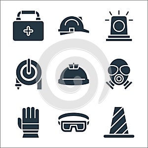 flat rescue and protective line icons. linear set. quality vector line set such as cone, safety goggles, glove, gas mask, helmet,