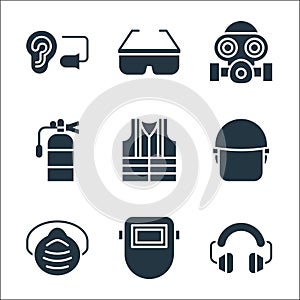 Flat rescue and protective line icons. linear set. quality vector line set such as ear protection, welding mask, safety mask,