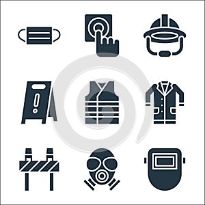 Flat rescue and protective line icons. linear set. quality vector line set such as welding mask, gas mask, road block, lab coat,
