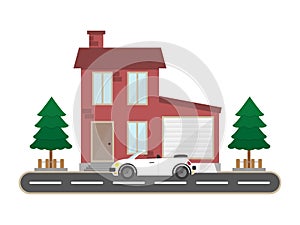 Flat residential brick house garage and sport car scenery building