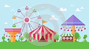 Flat Retro Funfair Scenery with amusement attractions