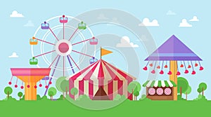 Flat Retro Funfair Scenery with amusement attractions photo