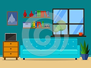Flat retro living room with sofa, window and bookcase. vector illustration for web site, presentation, infographic.
